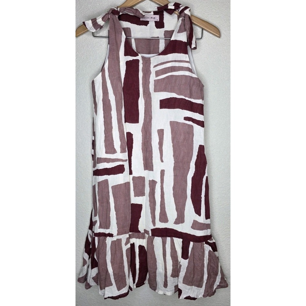 New Minimal Linen Blend Dress Girls 14 Tie Strap Abstract Block Print Boho Lined